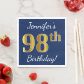 Serviette En Papier Blue, Faux Gold 98e anniversaire + Nom personnalis (En situation)