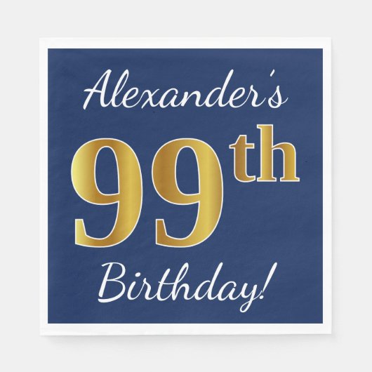 Serviette En Papier Blue, Faux Gold 99e anniversaire + Nom personnalis (Devant)