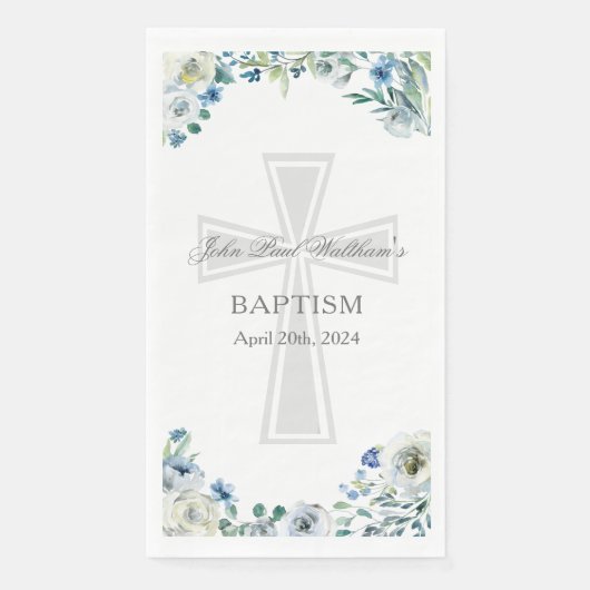 Serviette En Papier Blue Floral Baptism Party Christian Cross Custom (Devant)