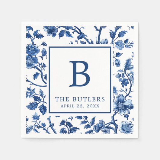 Serviette En Papier Blue Floral Chinoiserie Mariage Cocktail Napkins (Devant)