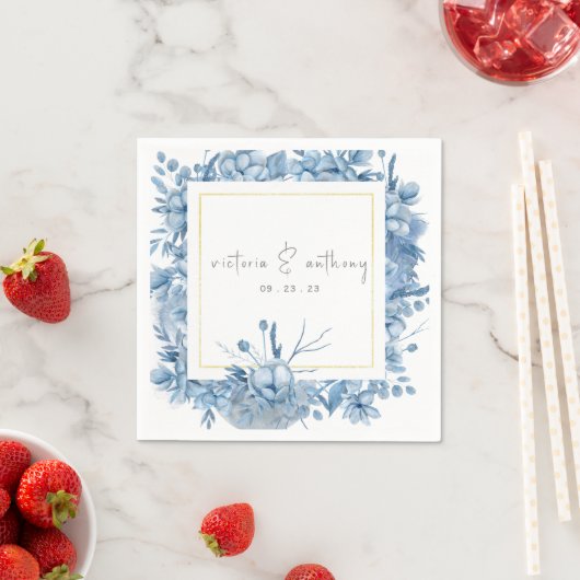Serviette En Papier Blue Floral Hydrangeas Nom Date Mariage (En situation)
