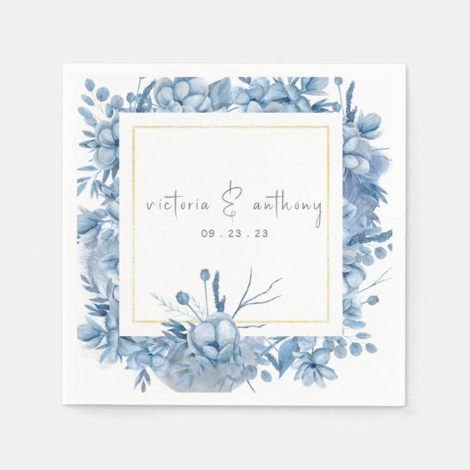 Serviette En Papier Blue Floral Hydrangeas Nom Date Mariage (Devant)