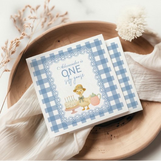 Serviette En Papier  Blue Gingham Silly Goose 1st Birthday