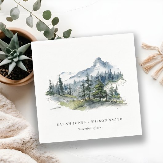 Serviette En Papier Blue Green Woods Mountain Paysage Mariage de croqu