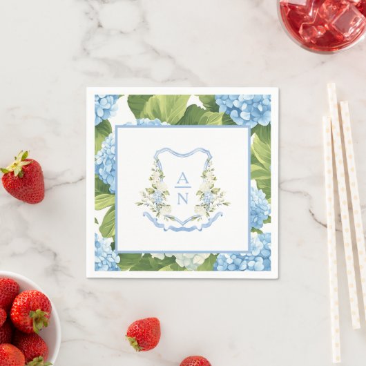 Serviette En Papier Blue Hydrangea Crest Monogram (En situation)