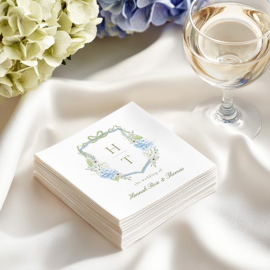 Serviette En Papier Blue Hydrangea Crest Wedding Monogram