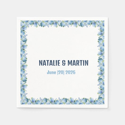 Serviette En Papier Blue Hydrangea Floral Border Wedding Personalized (Devant)
