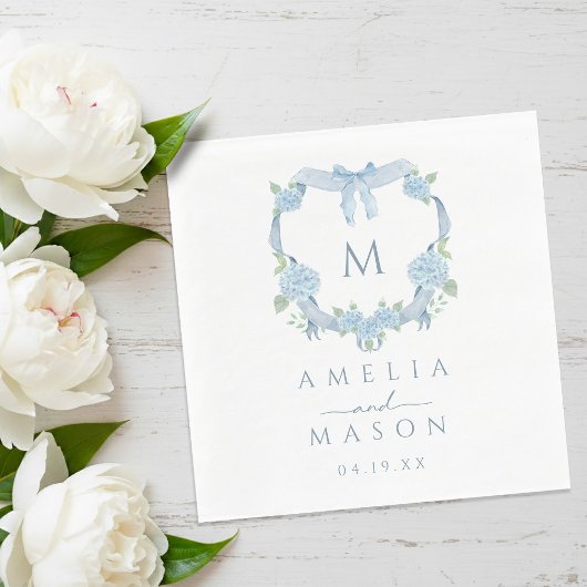 Serviette En Papier Blue Hydrangea Watercolor Monogram Crest Wedding