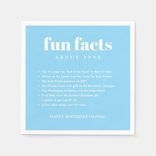Serviette En Papier Blue Modern Minimal Fun Facts Anniversaire Année (Devant)