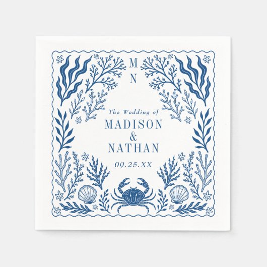 Serviette En Papier Blue Nautical Crab Shell Ocean Beach Wedding (Devant)