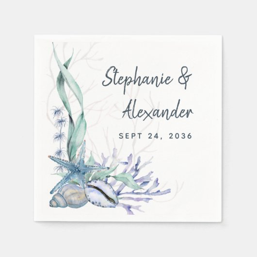 Serviette En Papier Blue Ocean Beach Seashs Mariage d'aquarelle (Devant)
