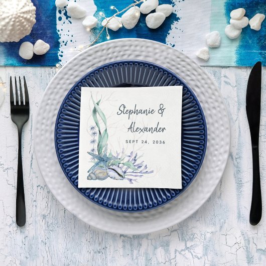 Serviette En Papier Blue Ocean Beach Seashs Mariage d'aquarelle