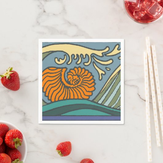 Serviette En Papier Blue Ocean Waves Nautilus Seashell Motif Nouveau (En situation)