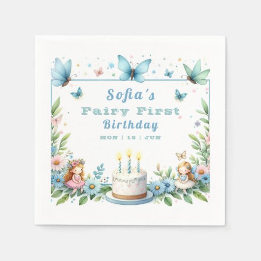 Serviette En Papier Blue Pastel Butterfly Fairy First Birday - (Devant)