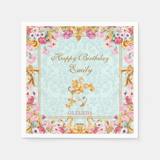 Serviette En Papier Blue Pastel Gold Baroque Rococo Joyeux anniversair (Devant)