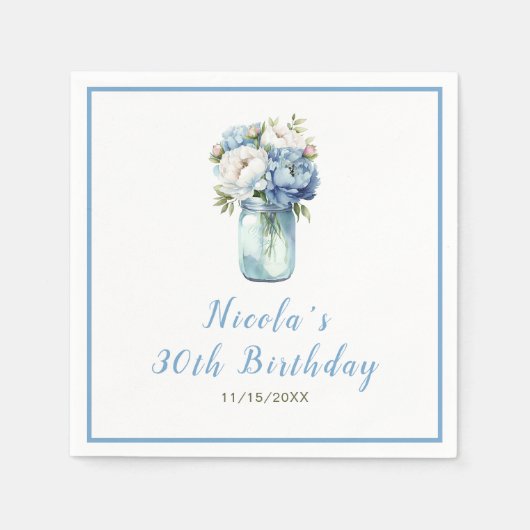 Serviette En Papier Blue Peonies Mason Jar Anniversaire (Devant)