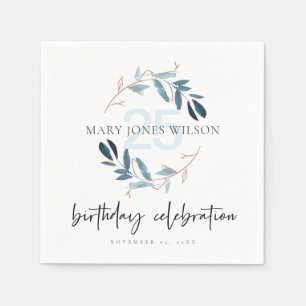 SERVIETTE EN PAPIER BLUE PINK FOLIAGE WREATURE TOUT ÂGE 25E ANNIVERSA