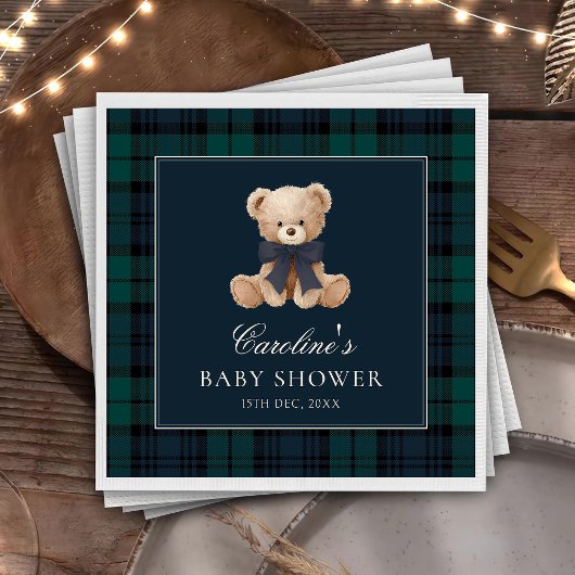 Serviette En Papier Blue Plaid Teddy Bear Baby Shower Napkins