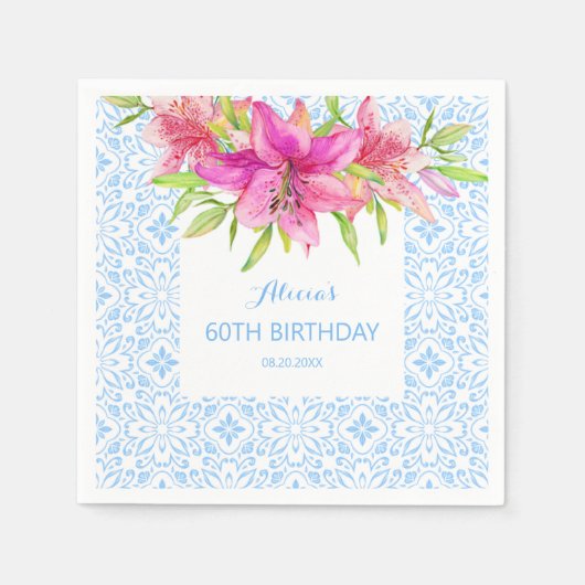 Serviette En Papier Blue Portugais Azulejo Tiles Lily Anniversaire (Devant)