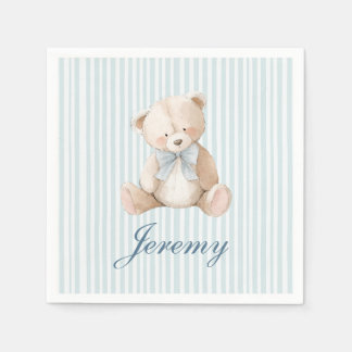 Serviette En Papier Blue Striped Teddy Bear Baby Boys Birthday Napkins