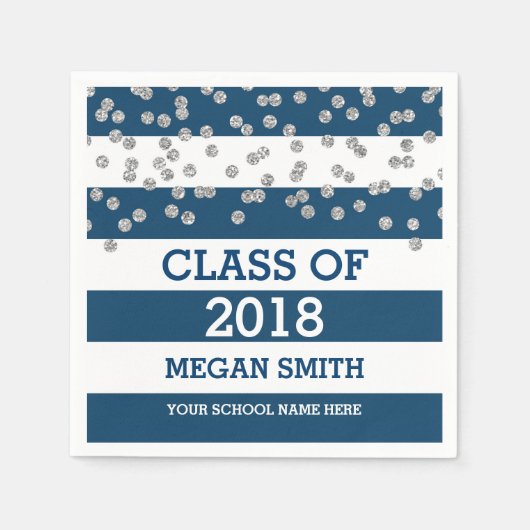 Serviette En Papier Blue Stripes Dots d'argent Classe de Graduation 20 (Devant)