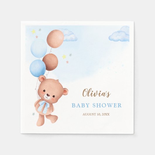 Serviette En Papier Blue Teddy Bear Balloons Boy Baby shower (Devant)
