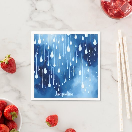 Serviette En Papier Blue White Raindrops Motif Nature (En situation)