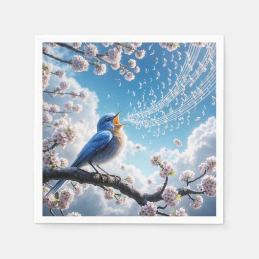 Serviette En Papier Bluebird chante sur une branche de cerisier (Devant)