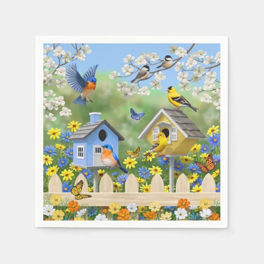 Serviette En Papier Bluebirds Goldfinches Birdhouses Jardin aux fleurs (Devant)