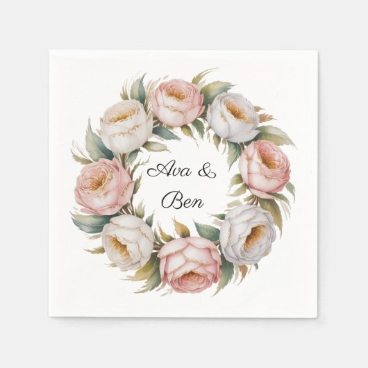 Serviette En Papier Blush and Ivory Rose Floral Wreath Wedding (Devant)