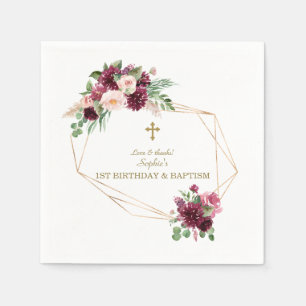 Serviette En Papier Blush Bourgogne Fleurs Or 1er Anniversaire Baptême