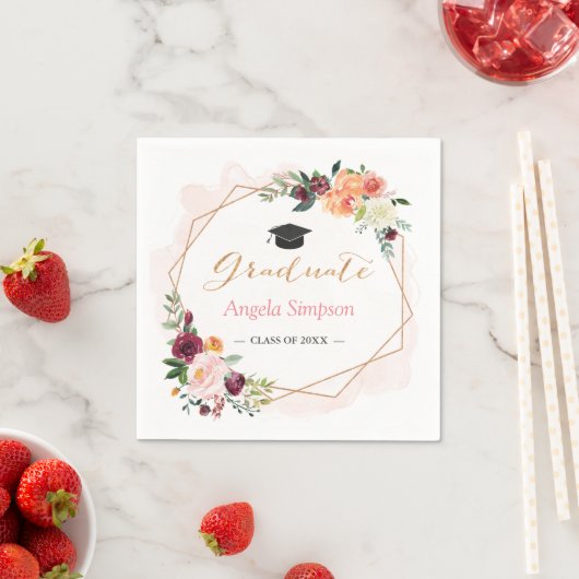 Serviette En Papier Blush Bourgogne Floral Gold Frame Party (En situation)