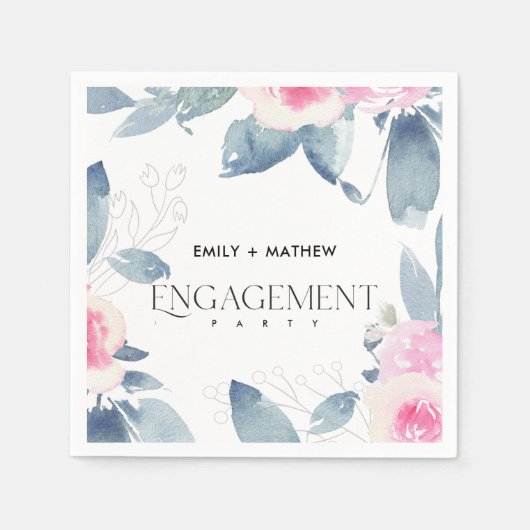 SERVIETTE EN PAPIER BLUSH DOUX BLEU FLORAL ENSEMBLE AQUARELLE ENGAGEME (Devant)