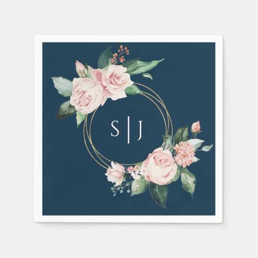 Serviette En Papier Blush Floral Navy Mariage Monogram Napkins (Devant)