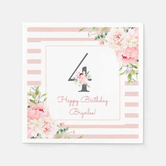 Serviette En Papier Blush Floral Pink Strie 4e fête d'anniversaire (Devant)