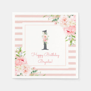Serviette En Papier Blush Floral Rose Stripe 1er anniversaire fête