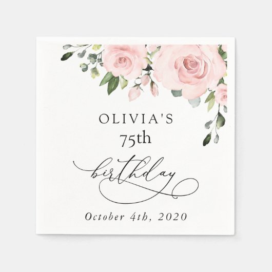 Serviette En Papier Blush Flowers, Pink Flowers, Greenery, Birthday (Devant)