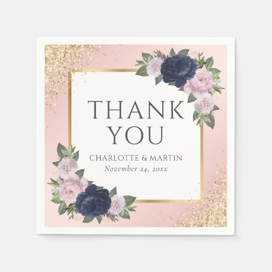 Serviette En Papier Blush Navy Blue Gold Floral Mariage (Devant)