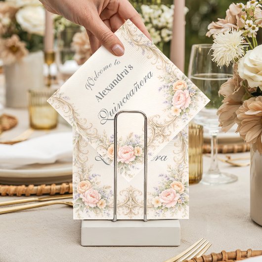 Serviette En Papier Blush Peach Baroque Quinceañera