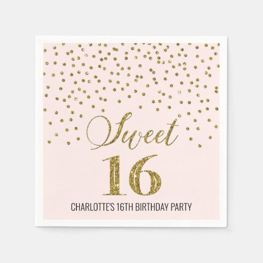 Serviette En Papier Blush Pink Gold Confetti Sweet 16 Anniversaire (Devant)