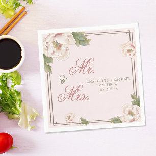 Serviette En Papier Blush Pink Rose Floral Mariage M. et Mme.
