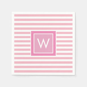 Serviette En Papier Blush Prépa Rose et Rayure Blanche Monogramme