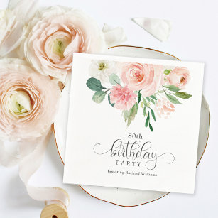 Serviette En Papier Blush Rose Feminine Floral 80e fête d'anniversaire