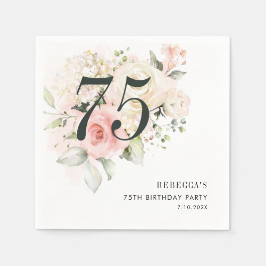Serviette En Papier Blush rose floral Eucalyptus 75e fête d'anniversai (Devant)
