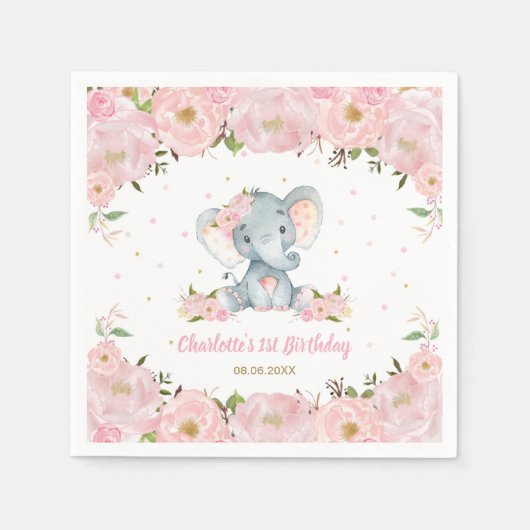 Serviette En Papier Blush rose floral mignon éléphant 1er anniversaire (Devant)