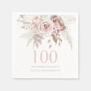 Serviette En Papier Blush Rose Flowers 100e fête d'anniversaire