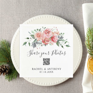 Serviette En Papier Blush Rose Mariage QR Code Partager Photos