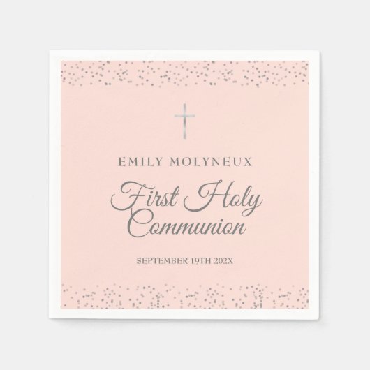 Serviette En Papier Blush rose Première communion pailleté d'argent (Devant)