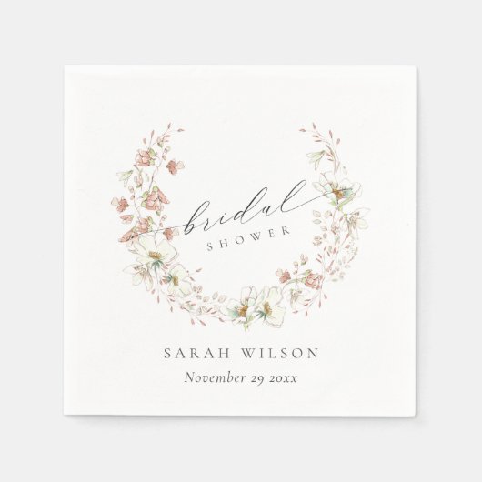 Serviette En Papier Blush White Meadow Floral Wreath Fête des mariées (Devant)