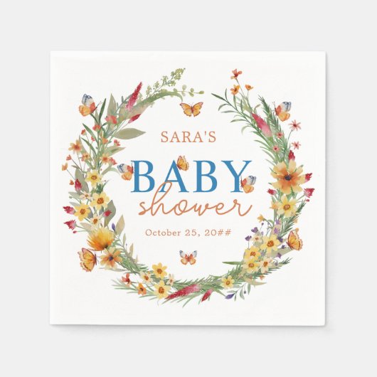 Serviette En Papier Boho Aquarelle Fleur sauvage Baby shower rustique (Devant)